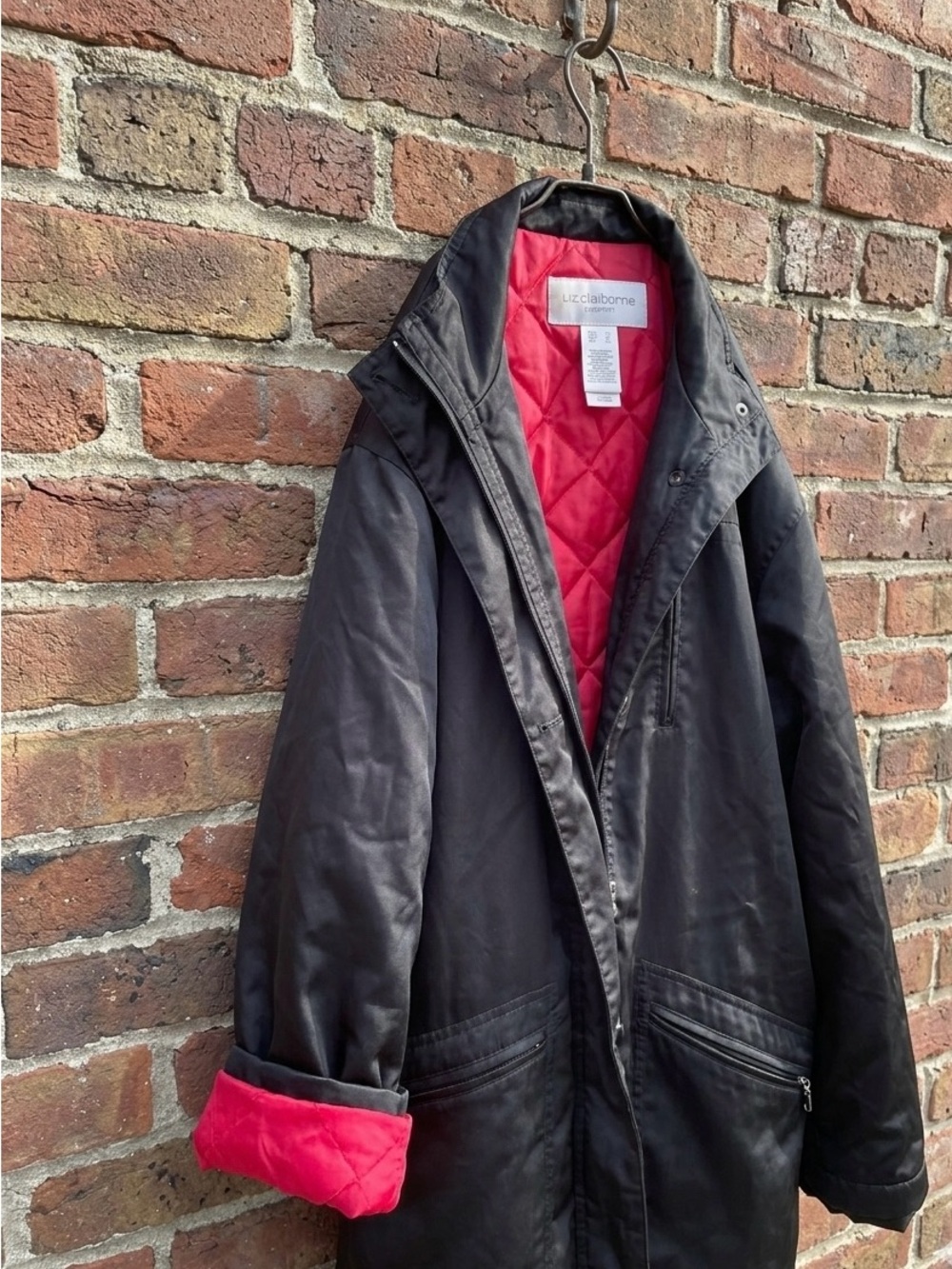 VTG Liz Claiborne Lizsport Black Parka Jacket Pink Lining XL NWOT Gorpcore